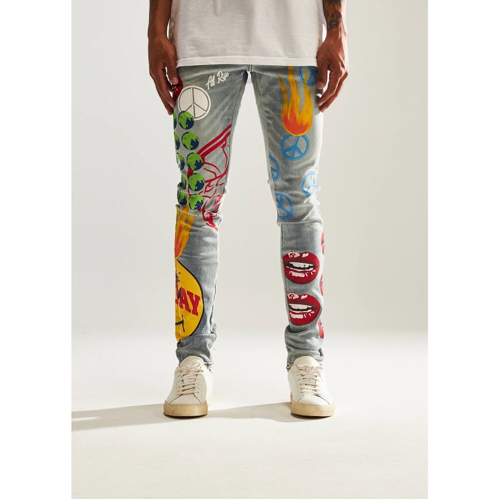 Embellish NYC Men's Peace All Over Painted Blue Skinny Fit Stretch Denim Jeans